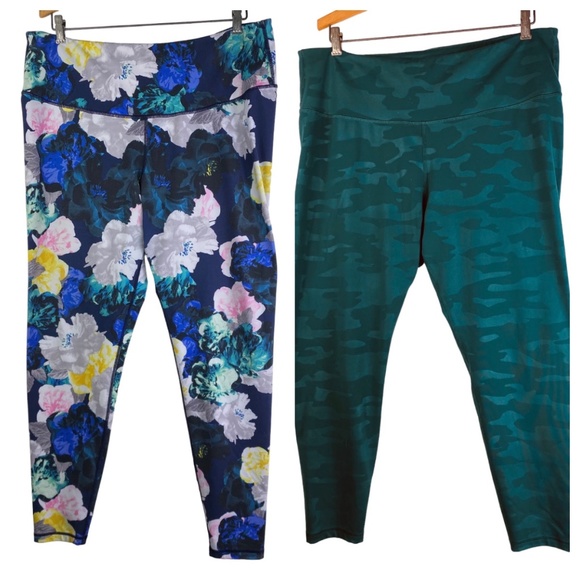 Lot (2) Old Navy XXL 2X 18 20 Elevate Leggings Floral Green Blue Camouflage - Picture 1 of 5